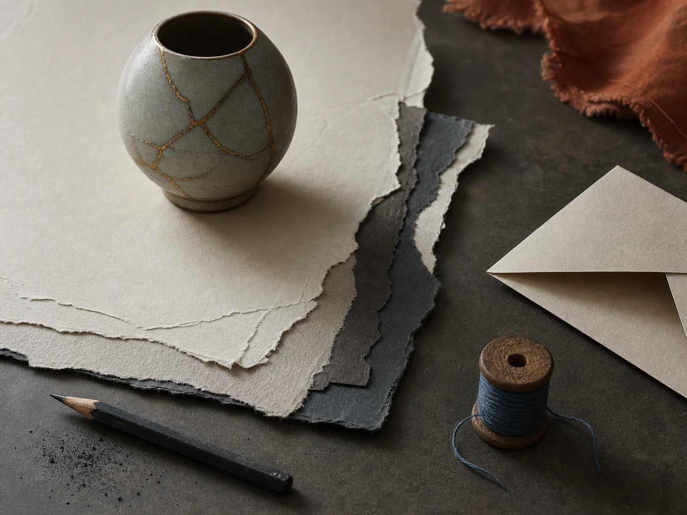 Still life of torn paper and a repaired ceramic vessel on a worn table