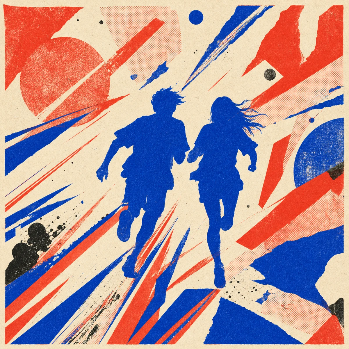 Two-color risograph of two imperfect figures running together