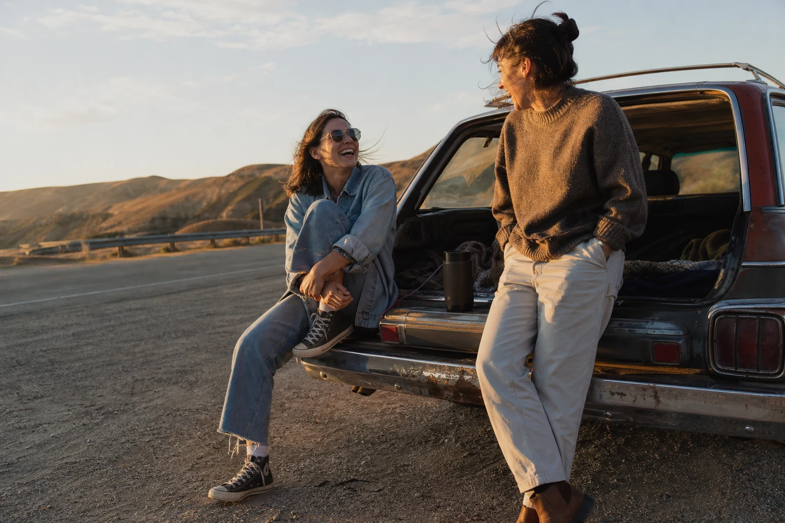 Best friends playing a personal song beside a road during a trip