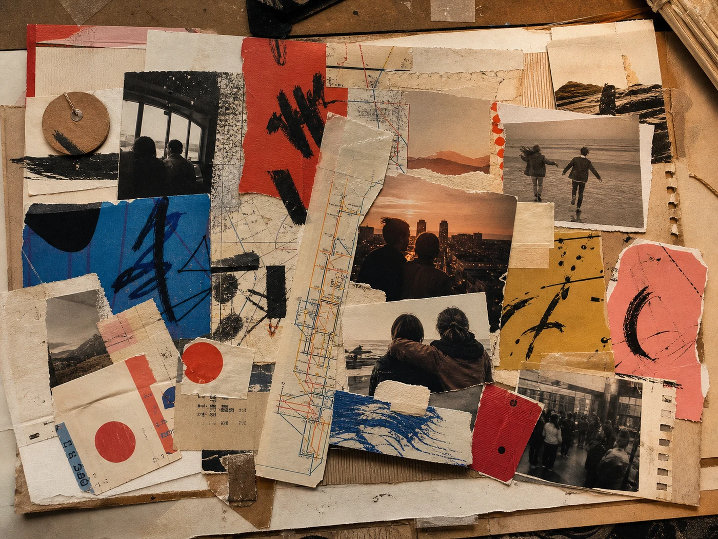 Ticket, map, photograph, and private-joke zine tracing several friendship eras