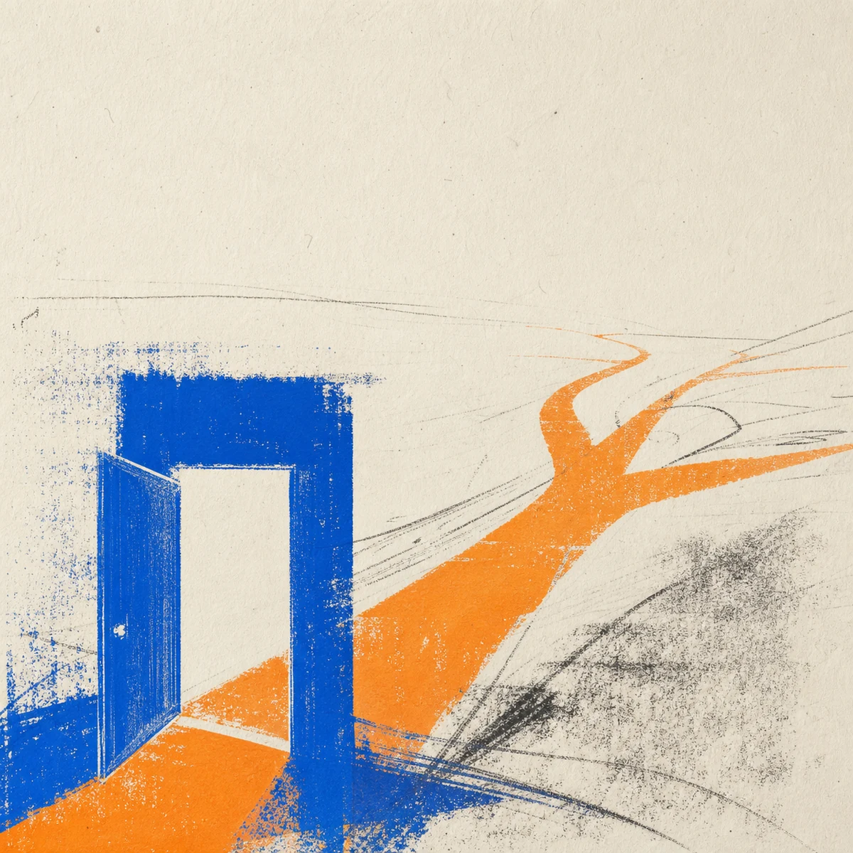 Screenprinted doorway opening onto a long road without text