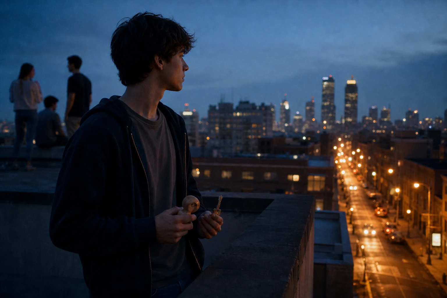 Coming-of-age cinematic portrait in electric blue, warm orange, and ivory