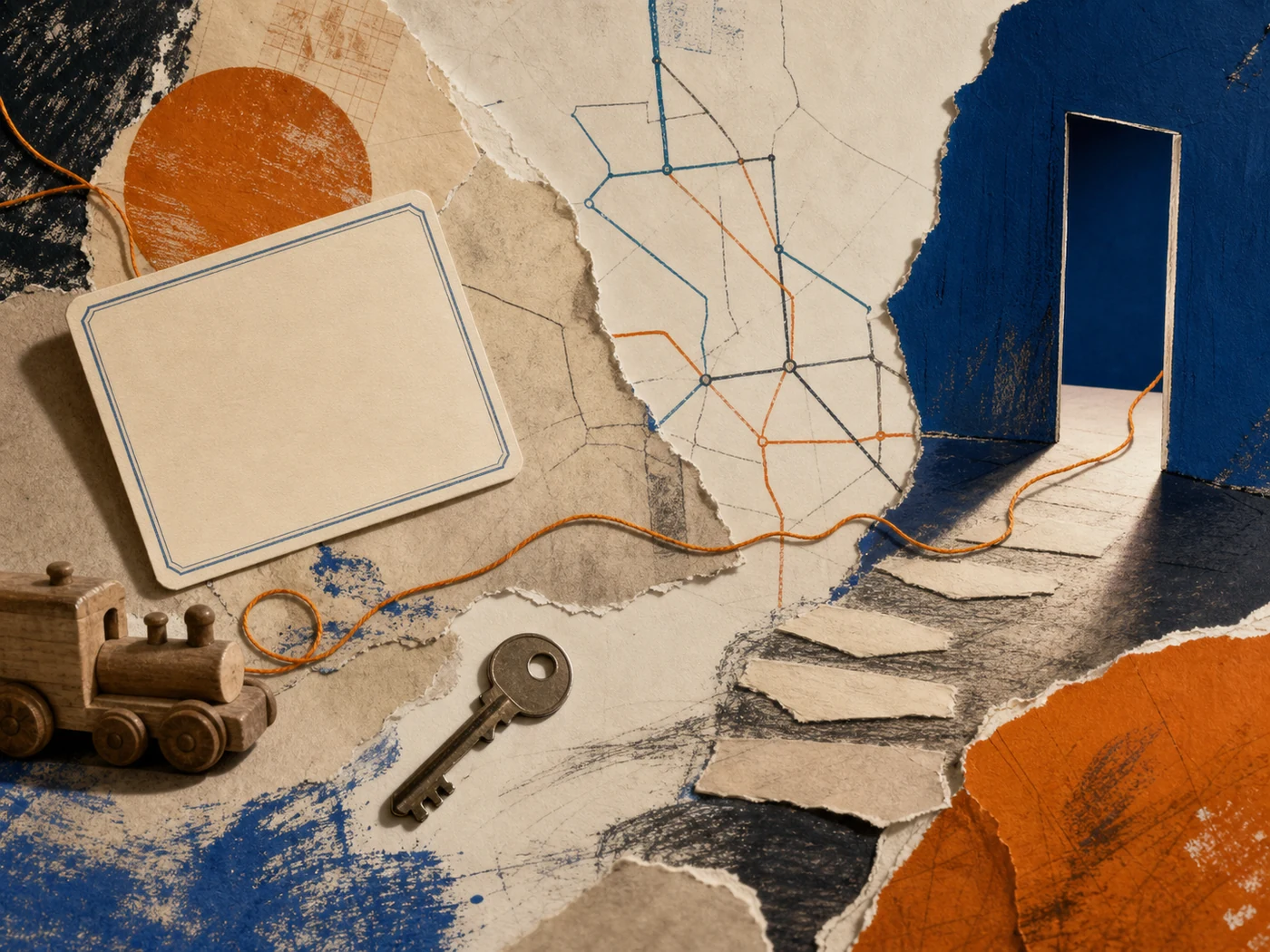 Collage of an old toy, school card, house key, route map, and young-adult objects