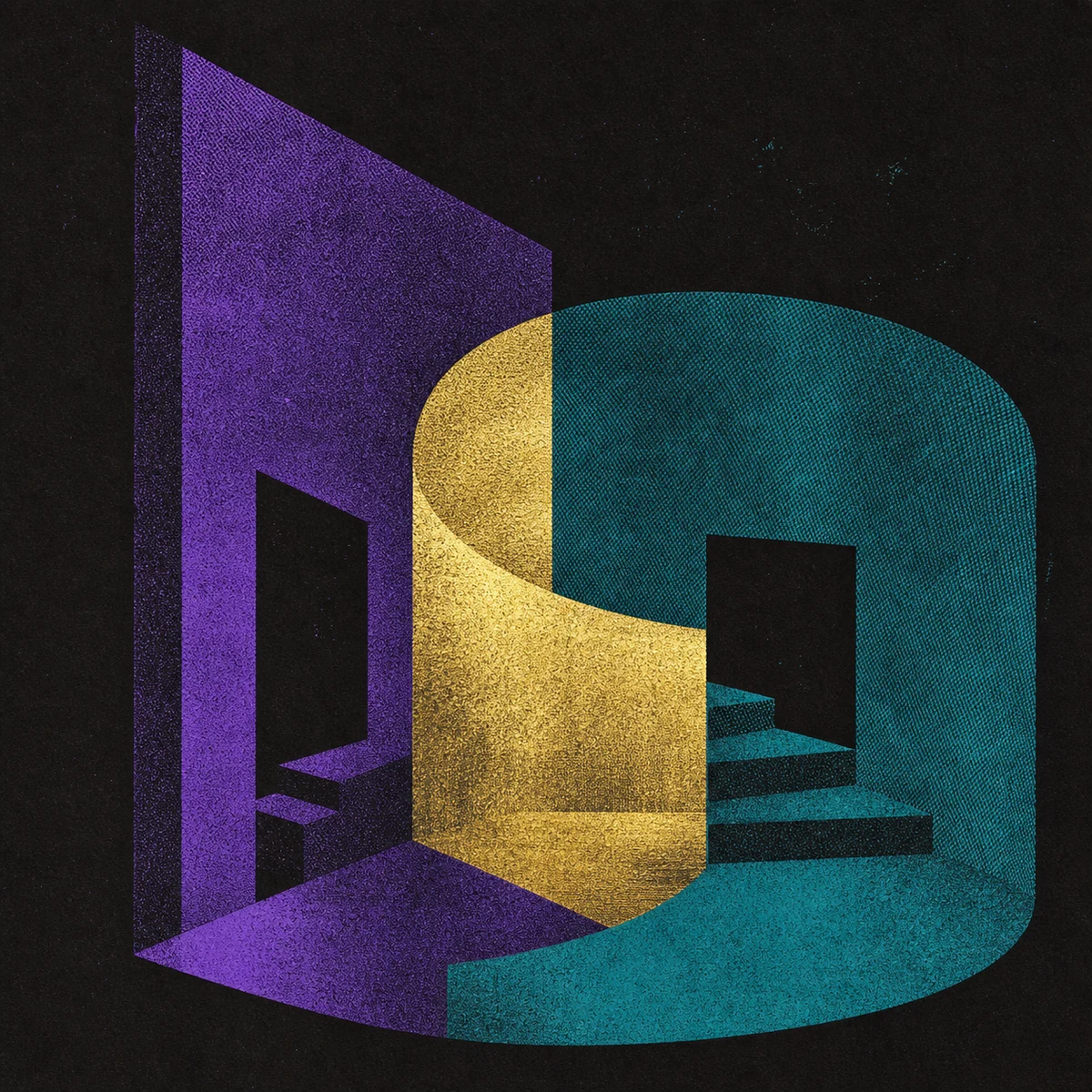 Metallic risograph of two interlocking geometric forms suggesting twenty-one without words