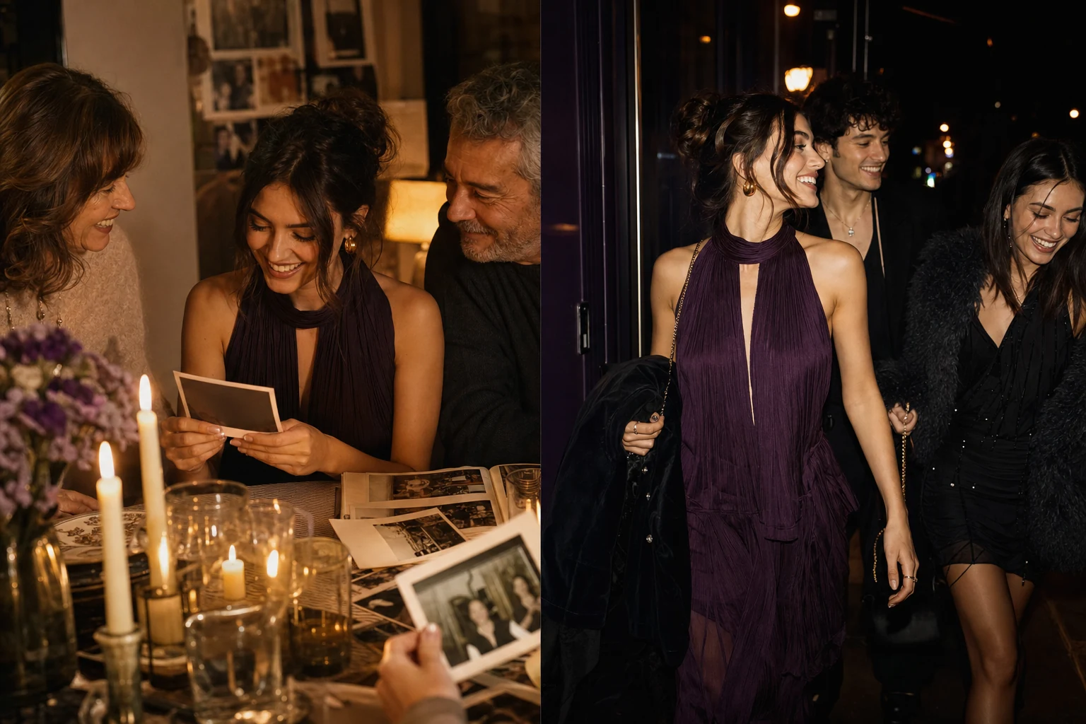 Direct-flash diptych joining nightlife and family celebration in violet, gold, and teal