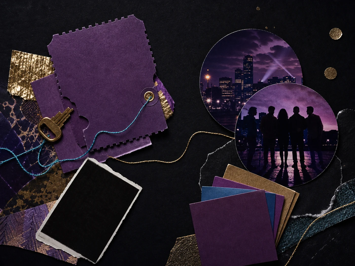 Collage of ticket stubs, keys, family photographs, and twenty-first birthday objects