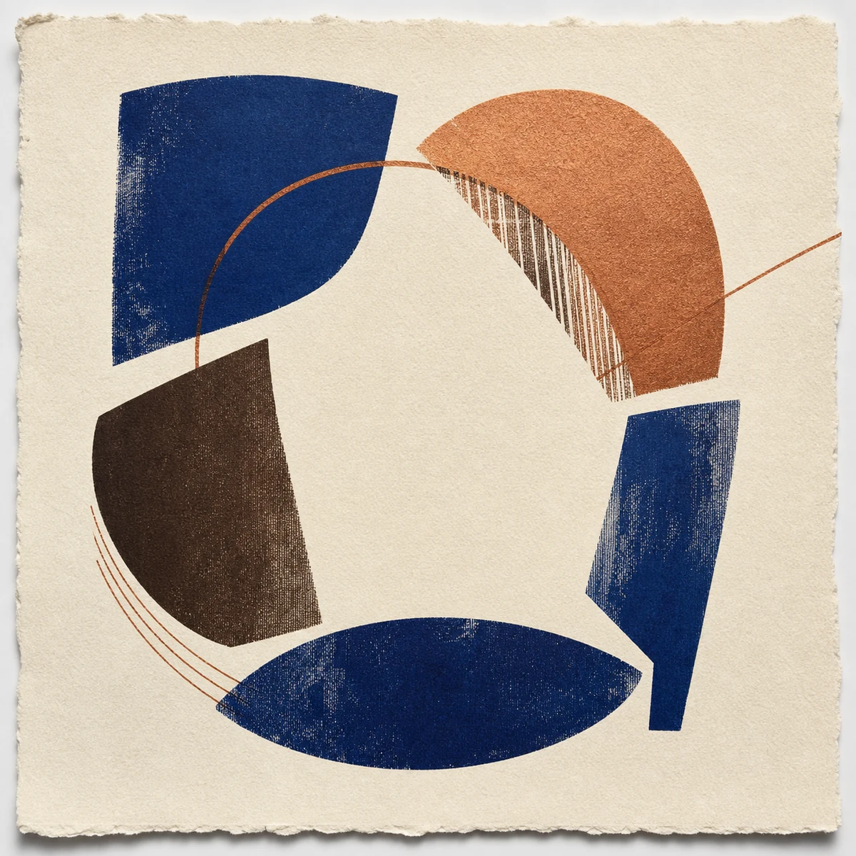 Mid-century geometric print in copper, royal blue, ivory, and brown
