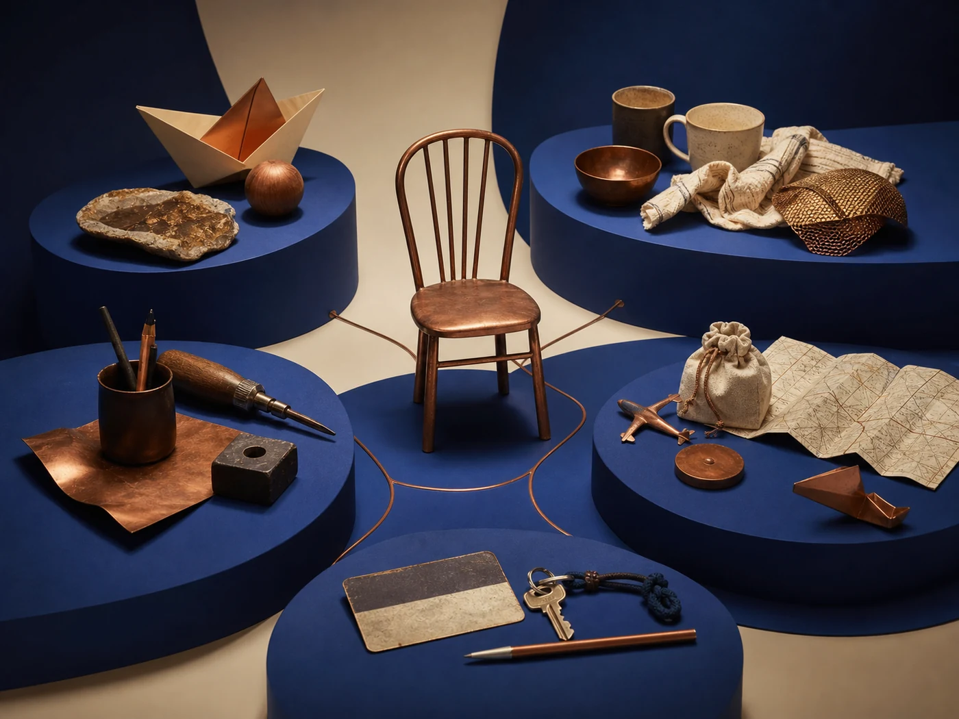 Assemblage of five era-defining objects arranged as life chapters