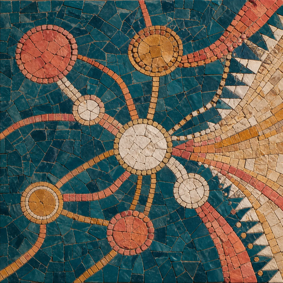 Mosaic-inspired illustration of sun paths radiating through teal and coral