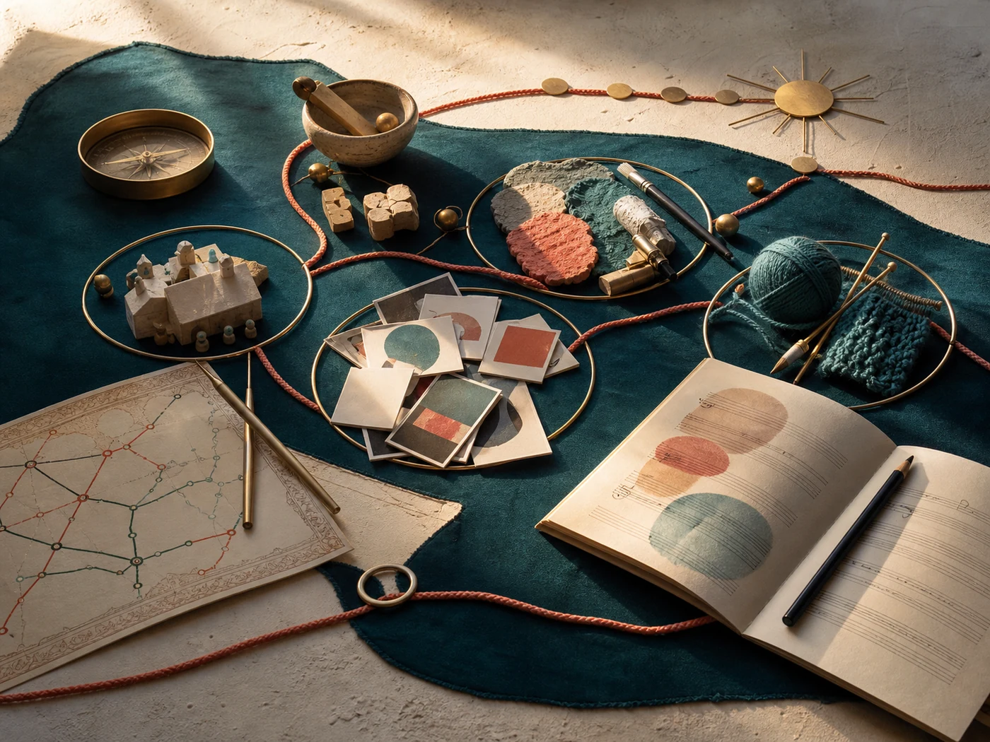 Archive of hobby tools, family photographs, community objects, and future travel maps