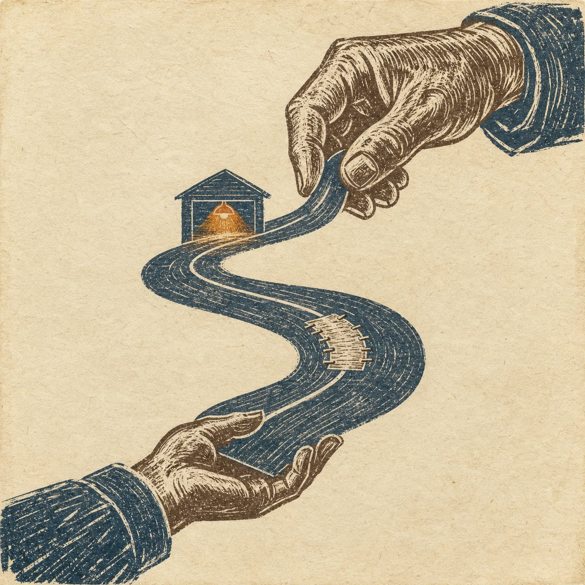 Woodcut image of a winding road and two working hands in smoke blue and leather brown