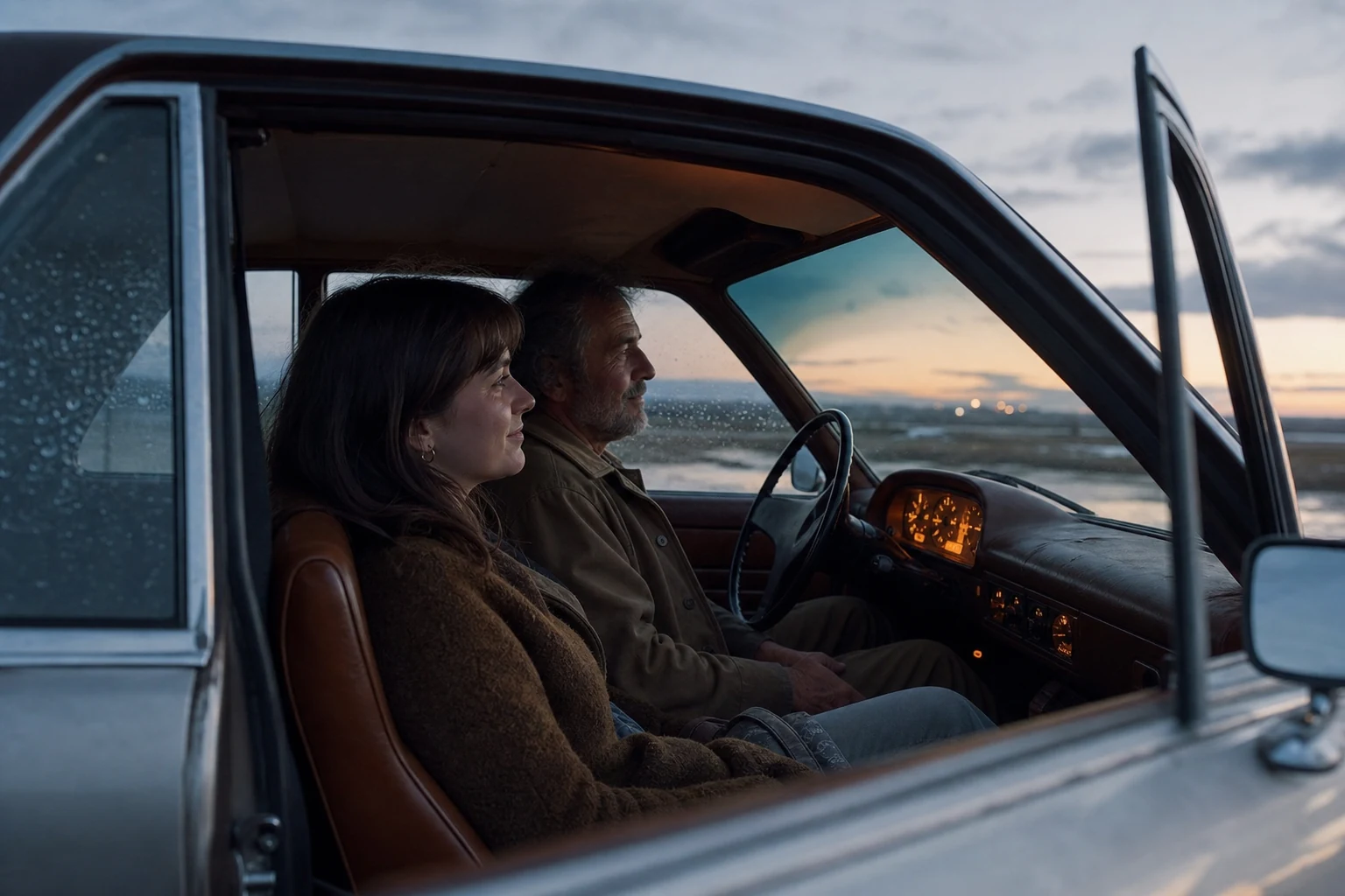 Private father and adult child listening together in a parked car at dusk