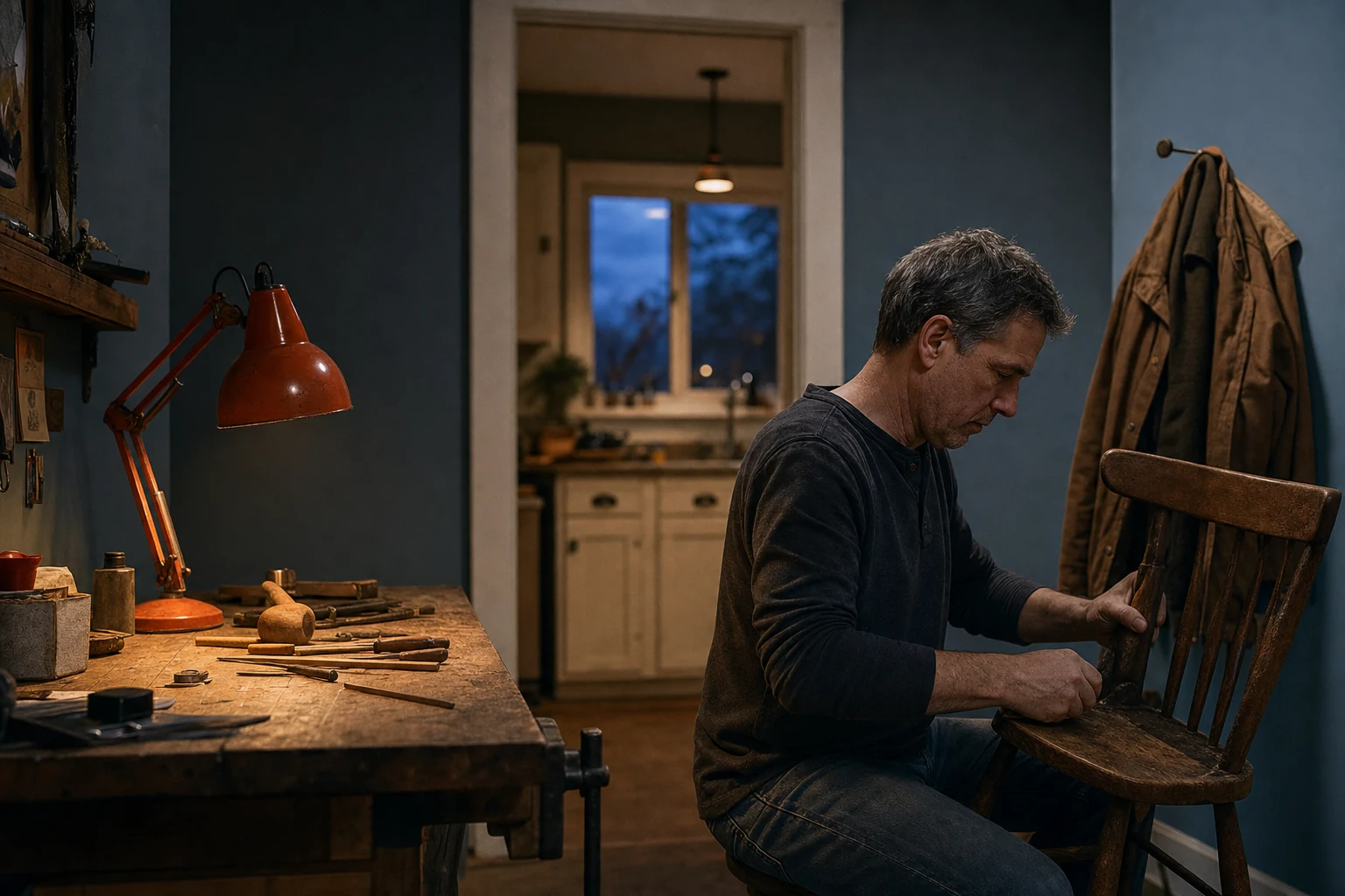 Cinematic environmental portrait of a father in a smoke-blue garage or kitchen with burnt-orange light