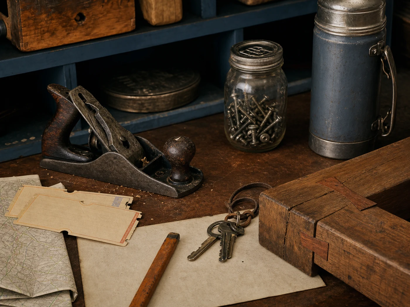 Still life of worn tools, old tickets, a thermos, keys, and shared family objects