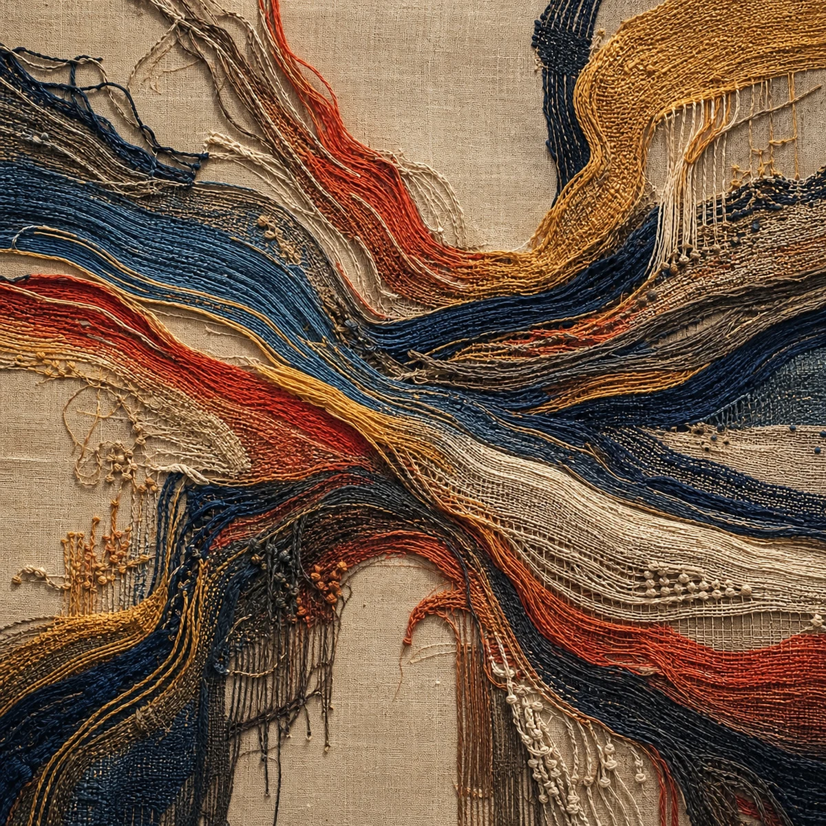 Woven abstract river pattern formed from many colored threads joining and separating