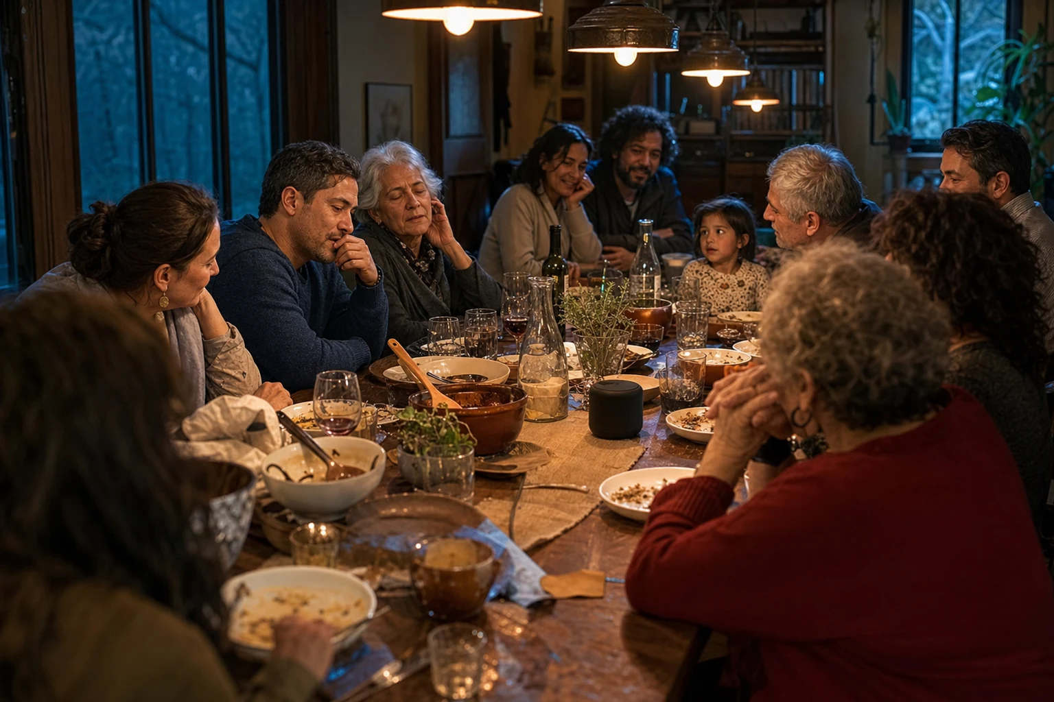 Multiple generations listening together around a long family table