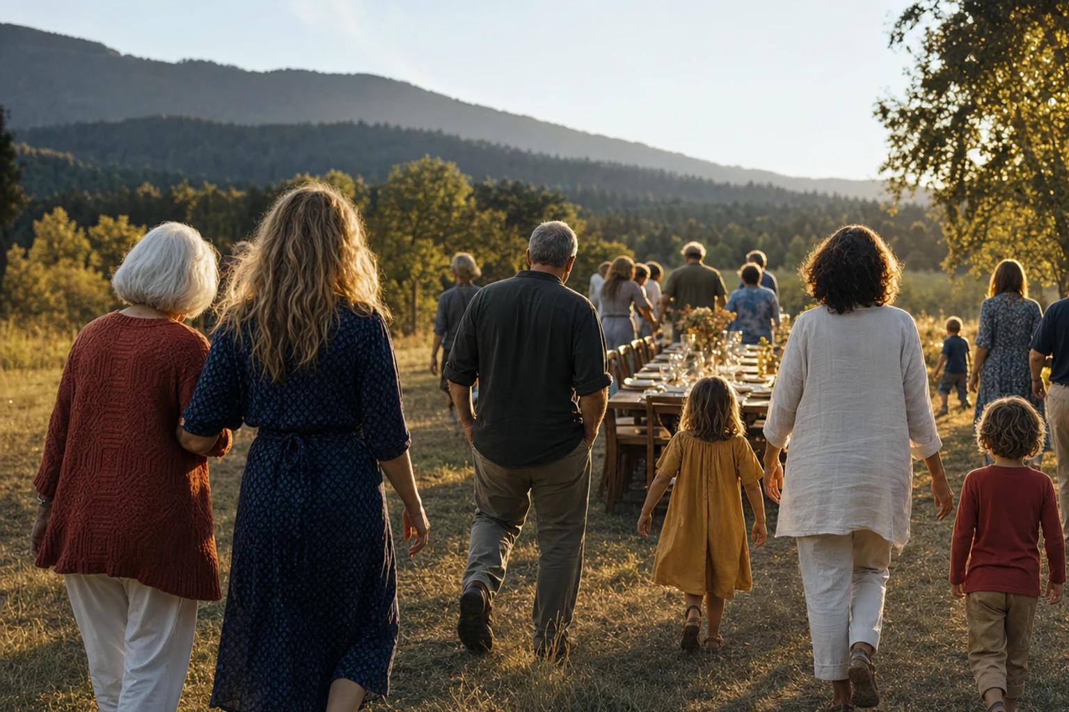 Large-format back-view portrait of several generations gathering outdoors in blue, rust, and sunlight