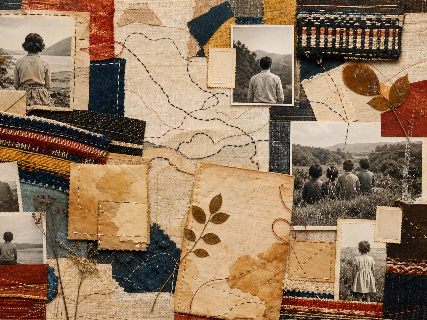 Textile collage of family-tree lines, old photographs, route fragments, and recipe materials