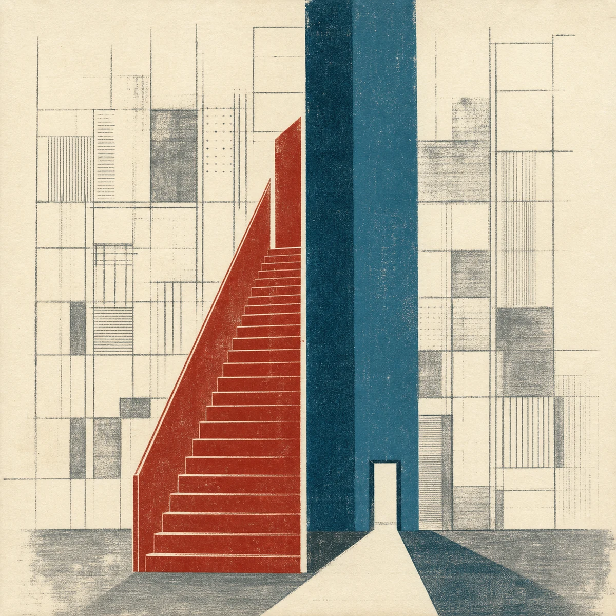 Screenprint of an elevator form rising toward an open city horizon in teal, brick, cream, and graphite