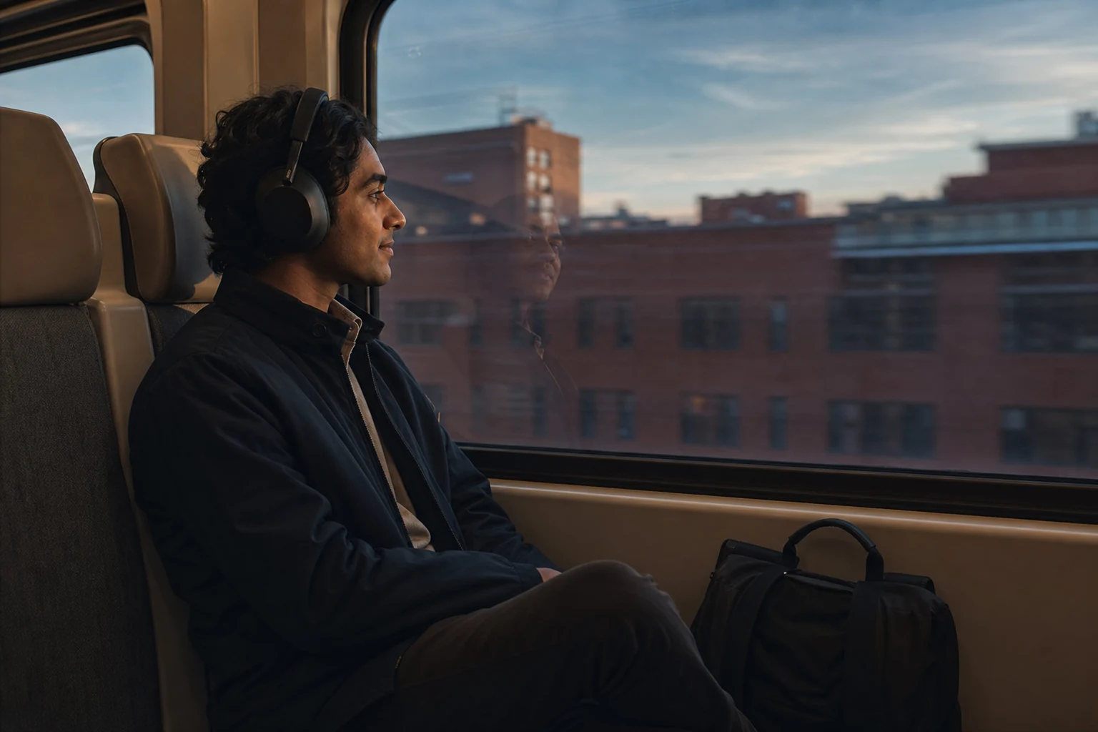 Quiet headphone listening moment before entering a workplace on the first morning