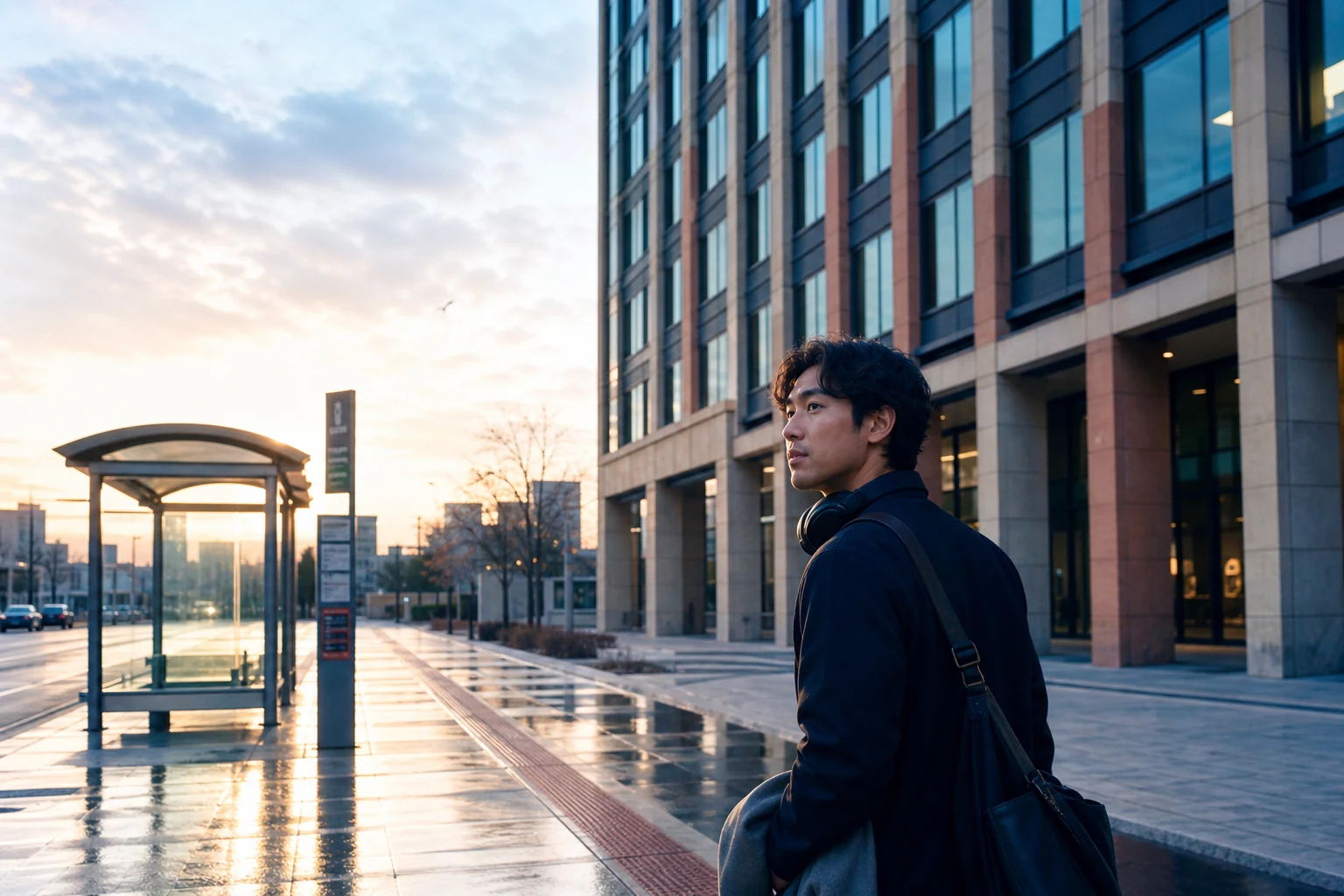 Urban morning editorial photograph of a young professional beginning a first commute in blue teal and brick red