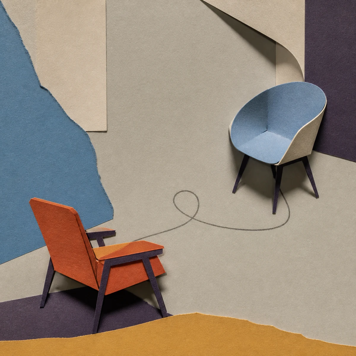Cut-paper collage of two different chairs held in one composition