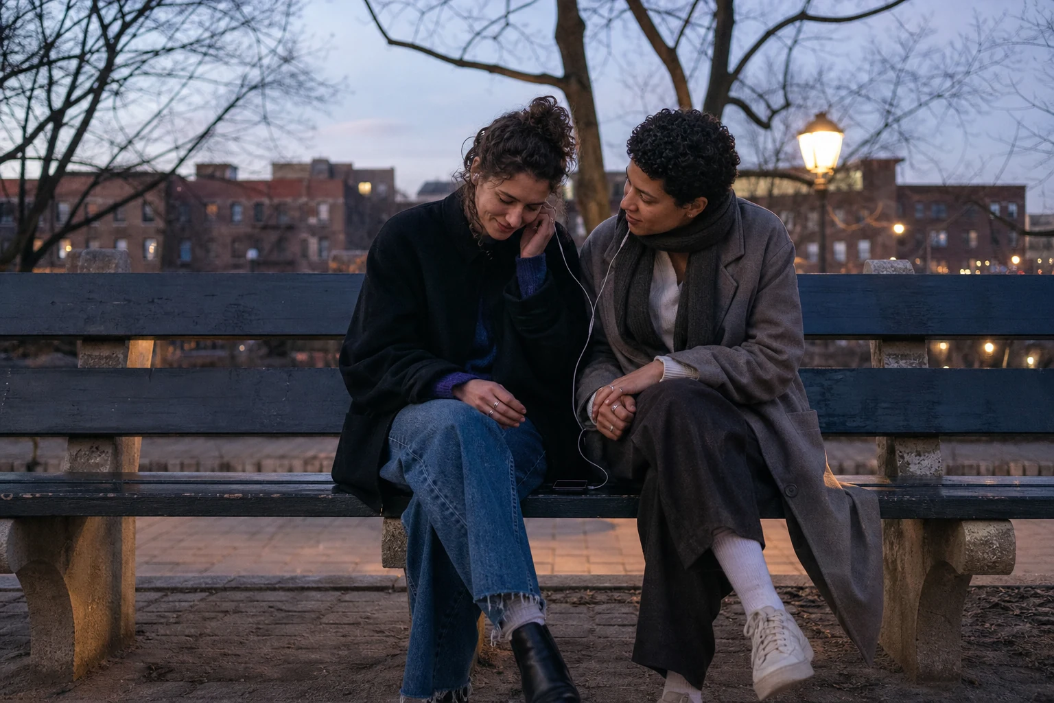 Friends sharing headphones on a park bench during an ordinary afternoon