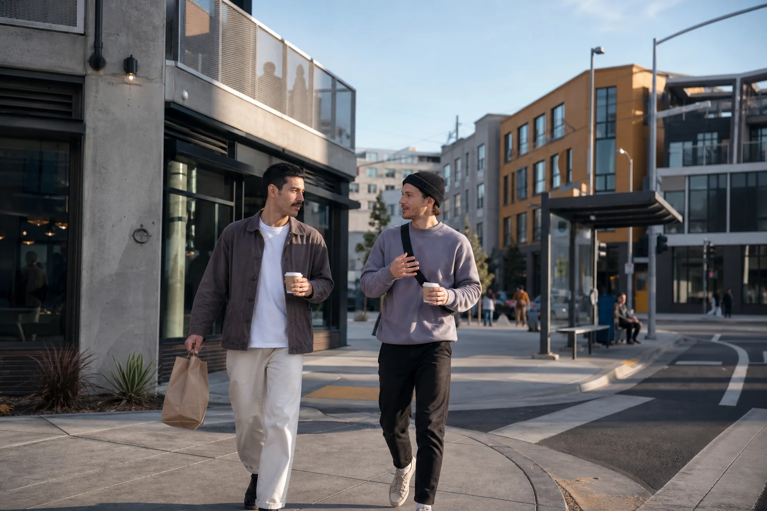 Contemporary neighborhood documentary scene of friends in sky blue, orange yellow, and gray violet
