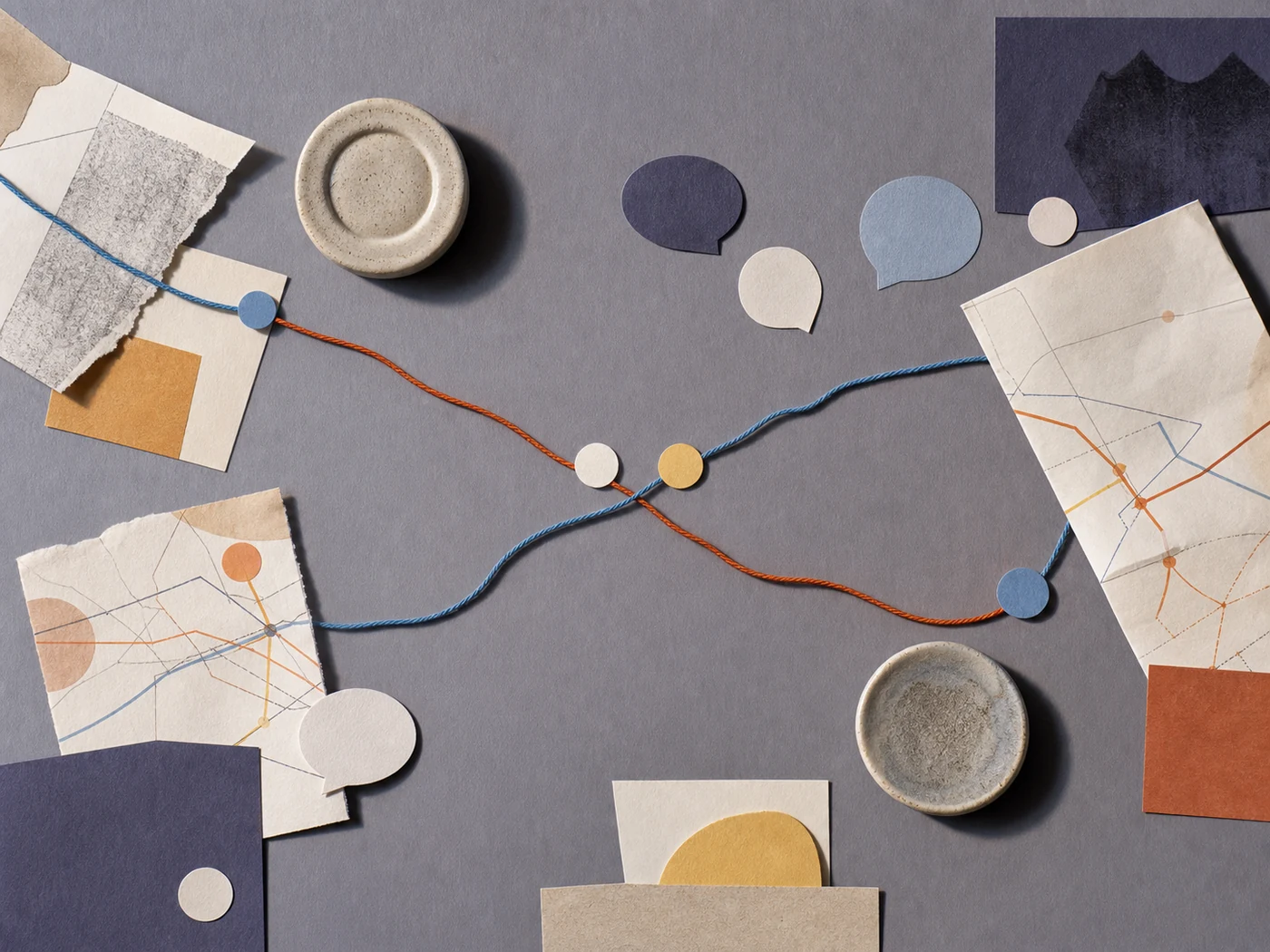 Abstract archive of cafe receipts, route marks, message shapes, maps, and friendship objects