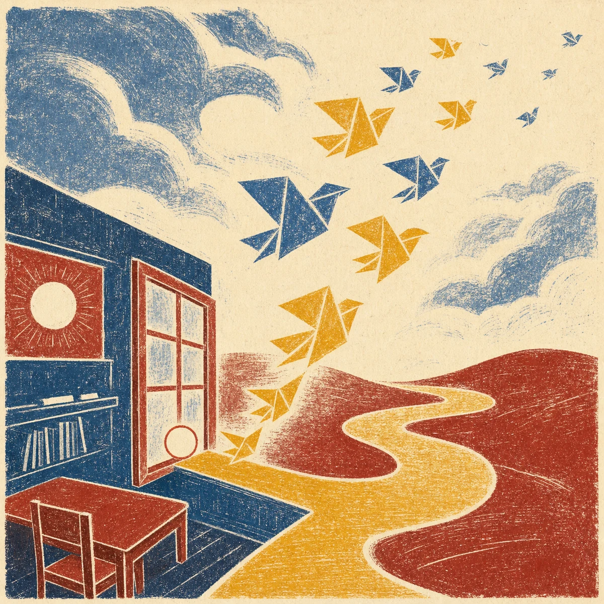 Children's relief-print book page of open windows, paper birds, and a classroom path