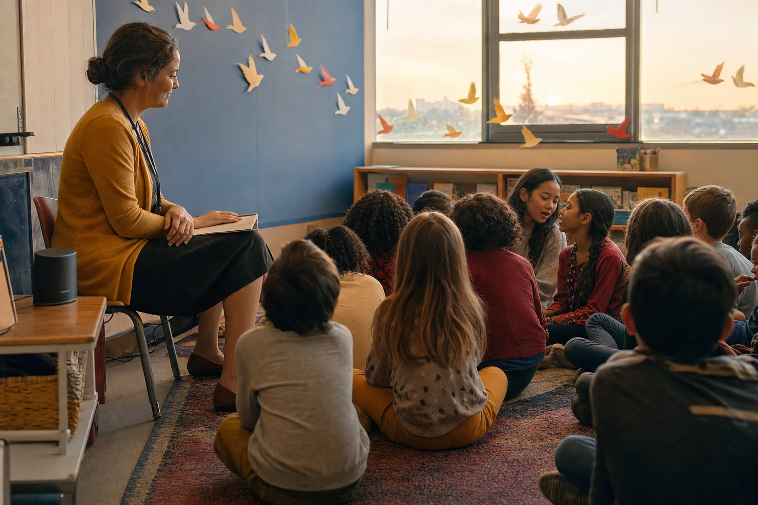 Documentary scene of a final class listening together without posing for the camera