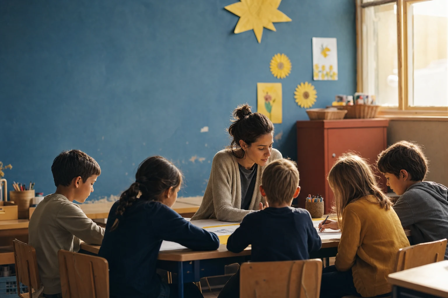 Warm classroom documentary photograph in chalk blue, sunflower yellow, and brick red