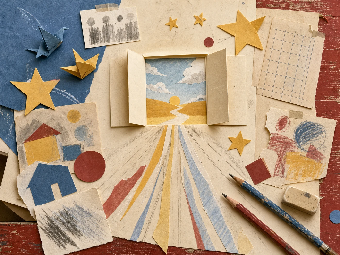 Paper collage of class notes, desk textures, paper stars, pencils, and shared classroom rituals