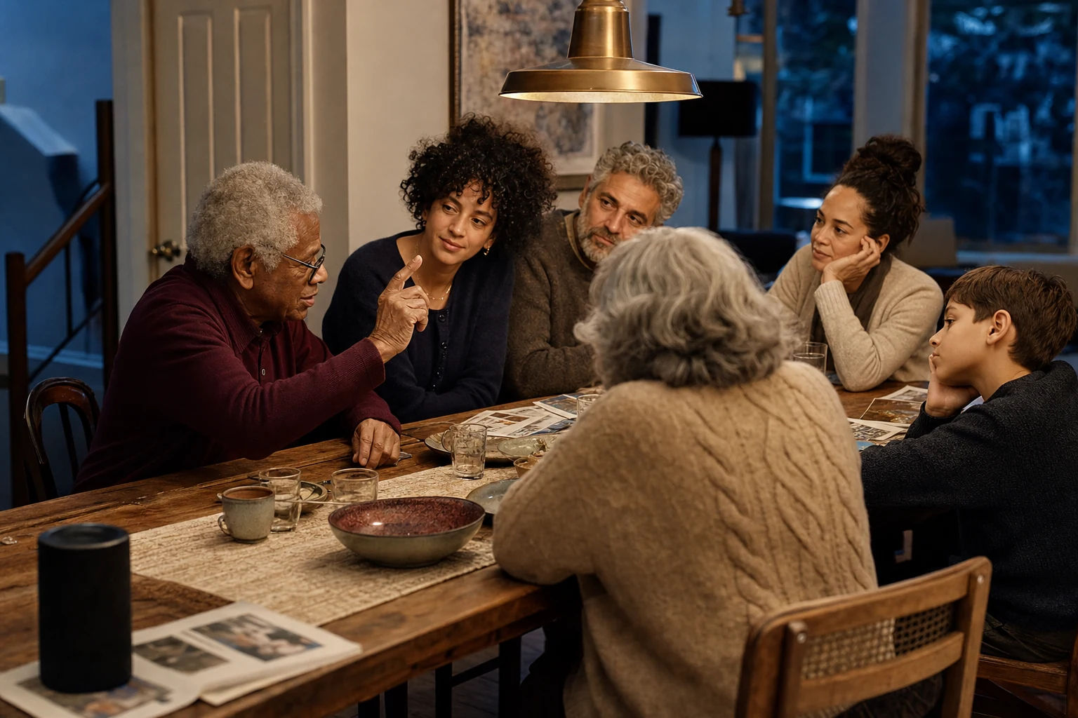 Several generations listening to a personal song around a long table