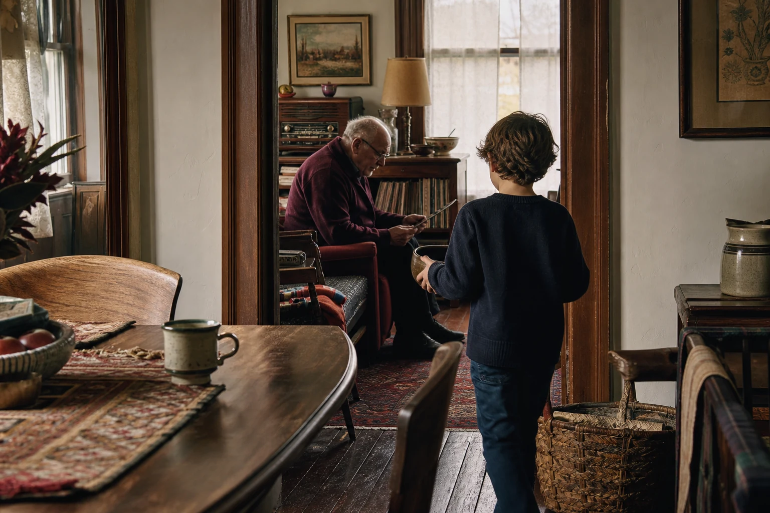 Large-format family interior in burgundy, wheat, and ink blue with grandparents at its center