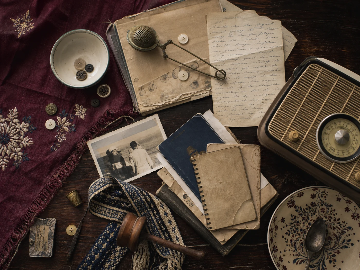 Archive still life of recipe paper, textiles, old documents, tools, and family objects