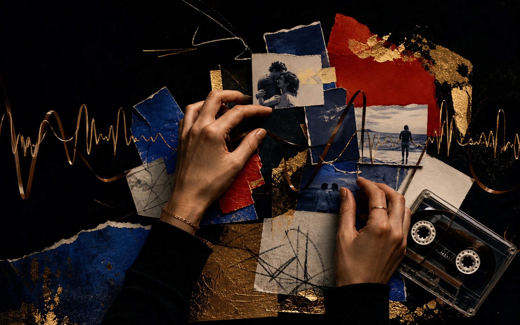 Surreal editorial collage of photographs, letters, and sound waves becoming a song