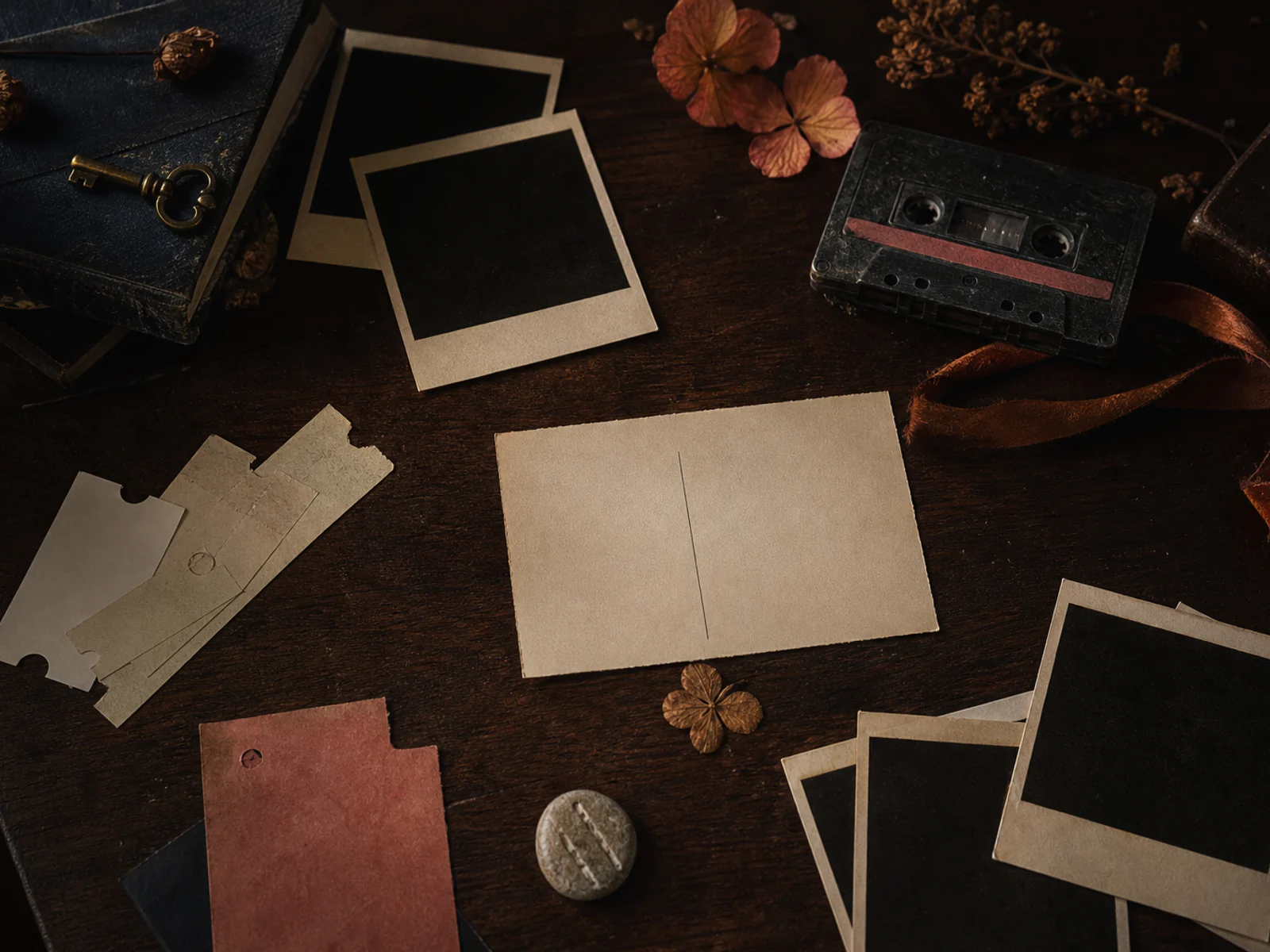 Tactile archive of photographs, cassette tape, postcards, and small keepsakes