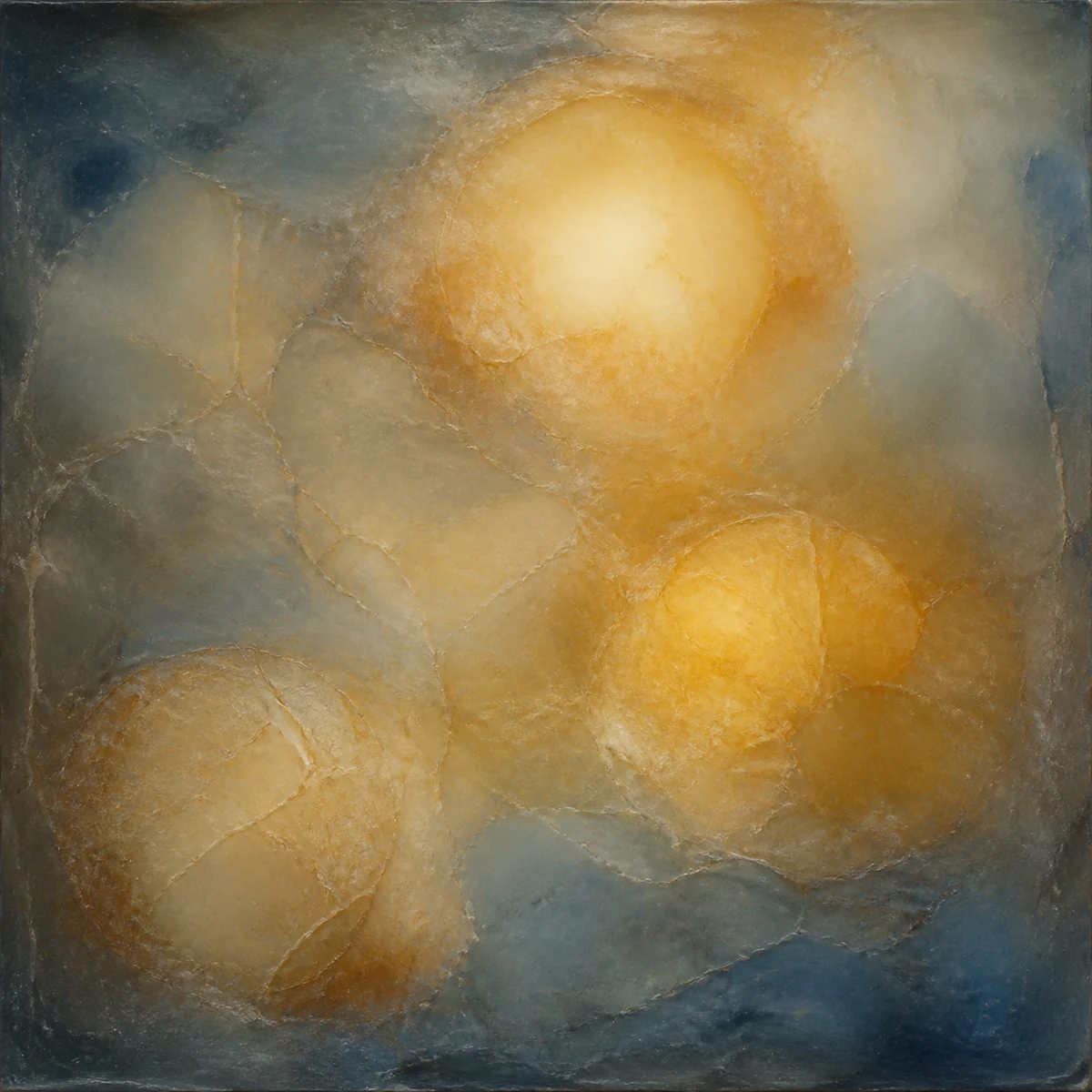 Layered encaustic artwork of warm translucent halos emerging from stone blue
