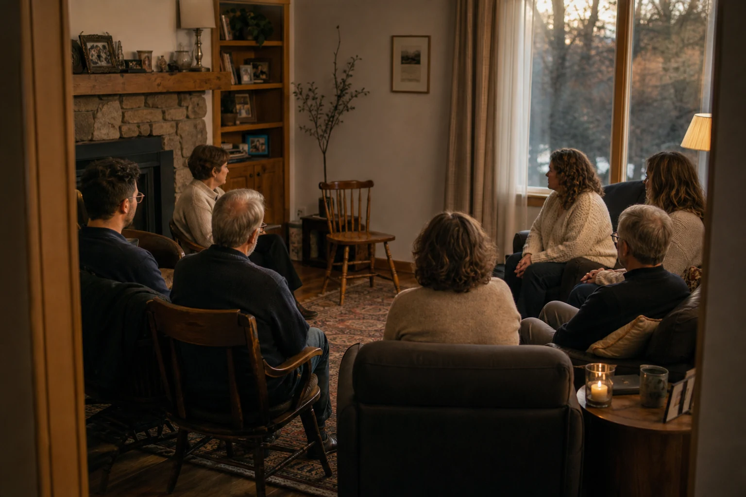Distant family listening scene with one empty chair in a quiet room