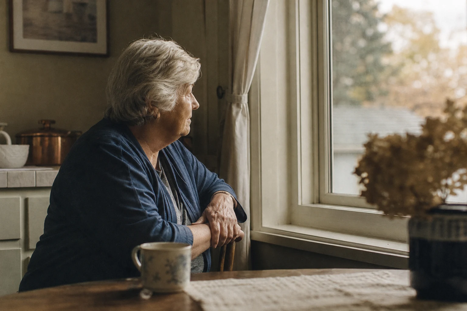 Low-saturation natural-light environmental portrait suggesting a life through place rather than a posed memorial