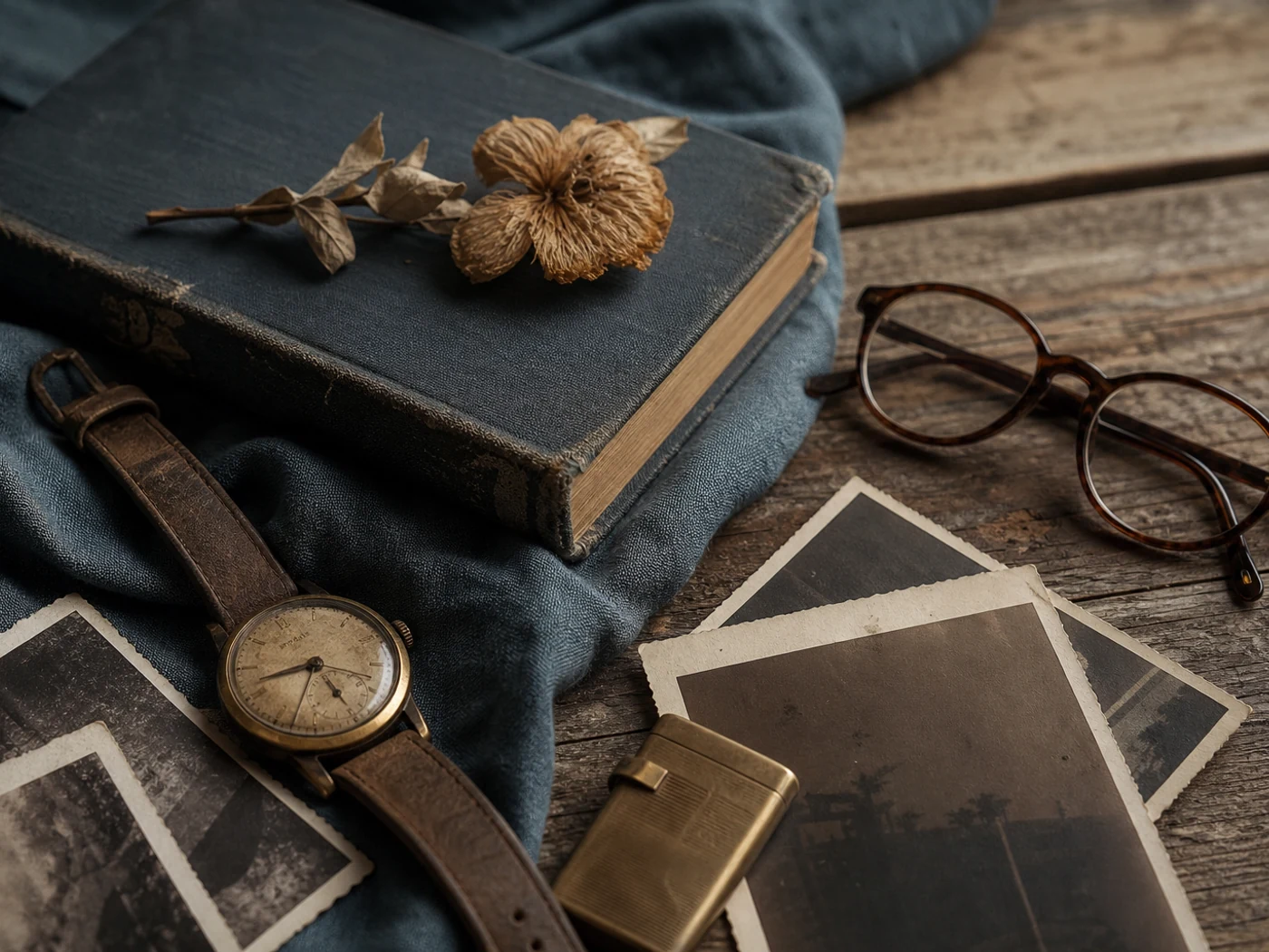 Heirloom archive with a watch, book, pressed flower, glasses, and partially hidden family photographs
