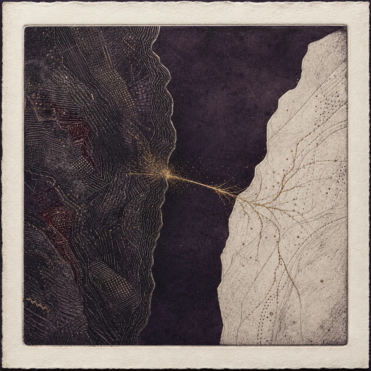 Abstract intaglio print of a spark passing between two distinct layers