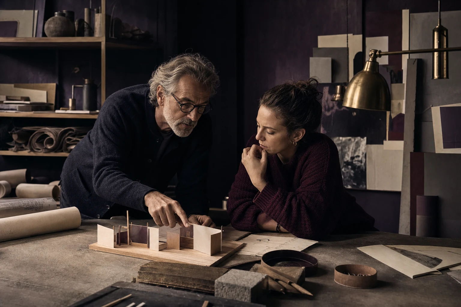 Editorial studio portrait about mentorship in deep purple, brass, warm gray, and bone