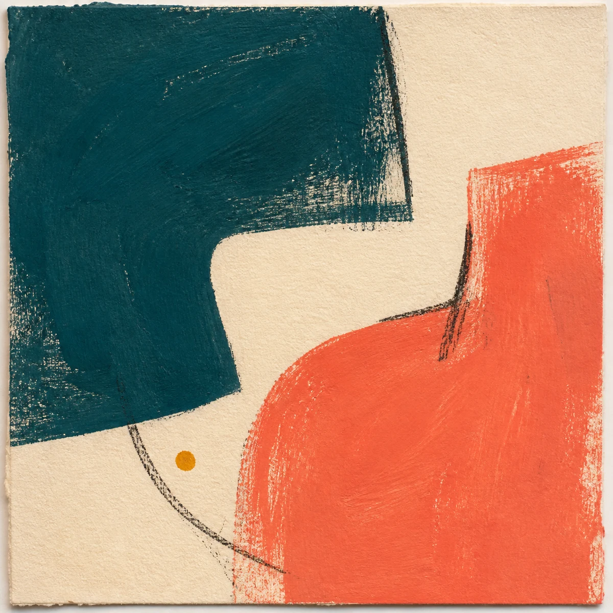 Gouache painting of two complementary geometric forms in deep teal and coral