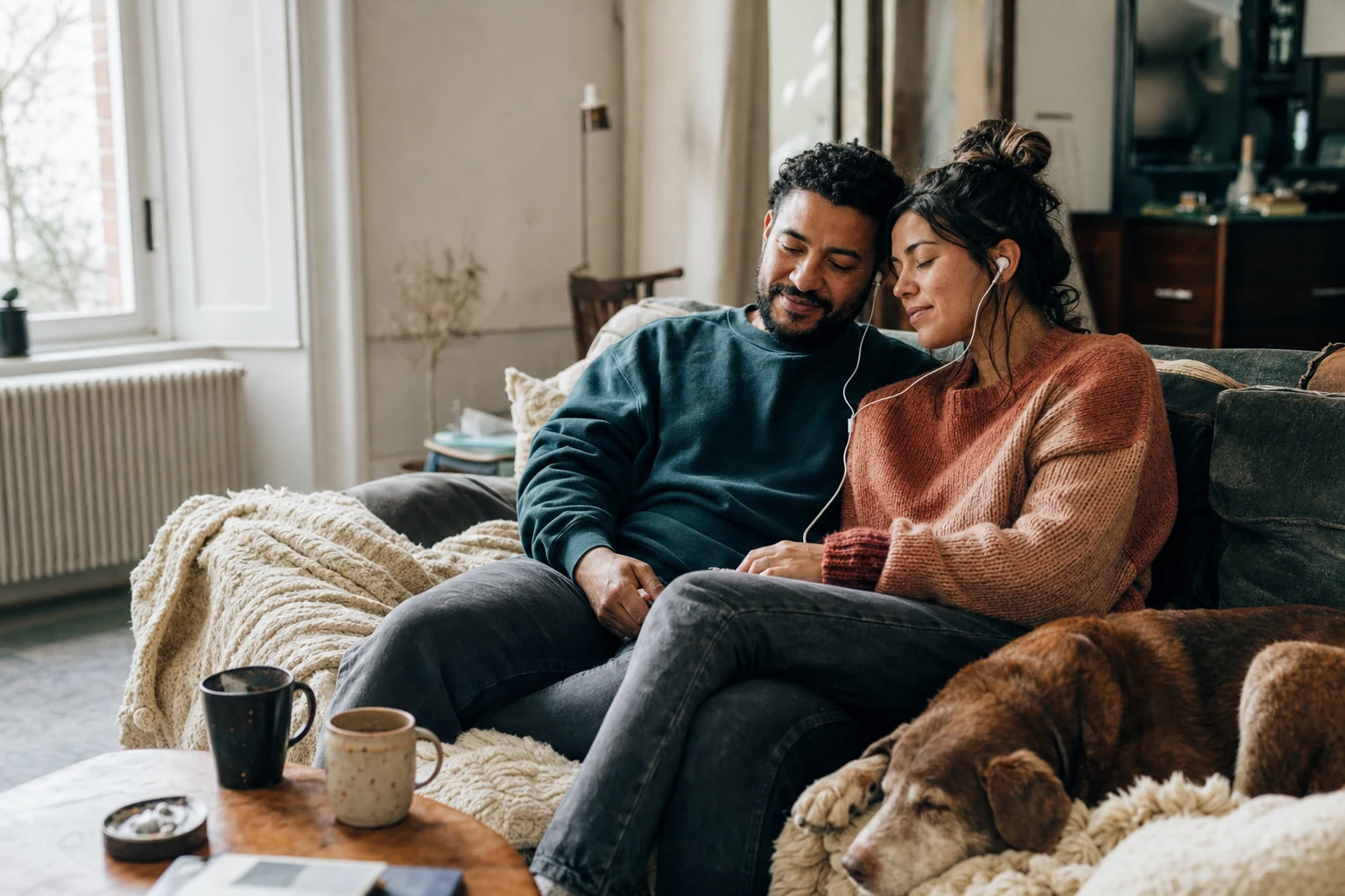 Two partners sharing headphones on a sofa in soft cream and deep-teal light