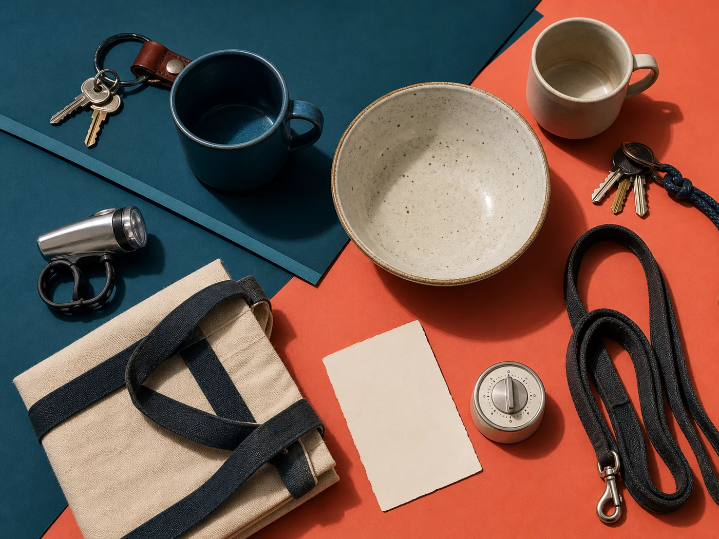 Still life of paired keys, cups, notes, and household objects showing shared responsibilities
