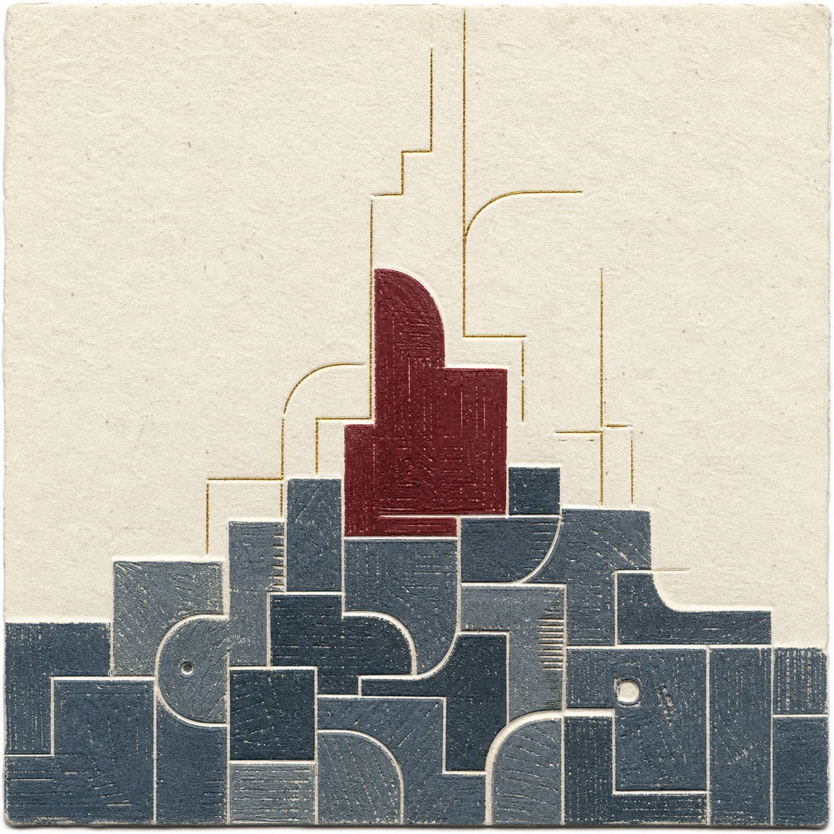 Geometric relief print of interlocking structures rising in burgundy, gray blue, and brass