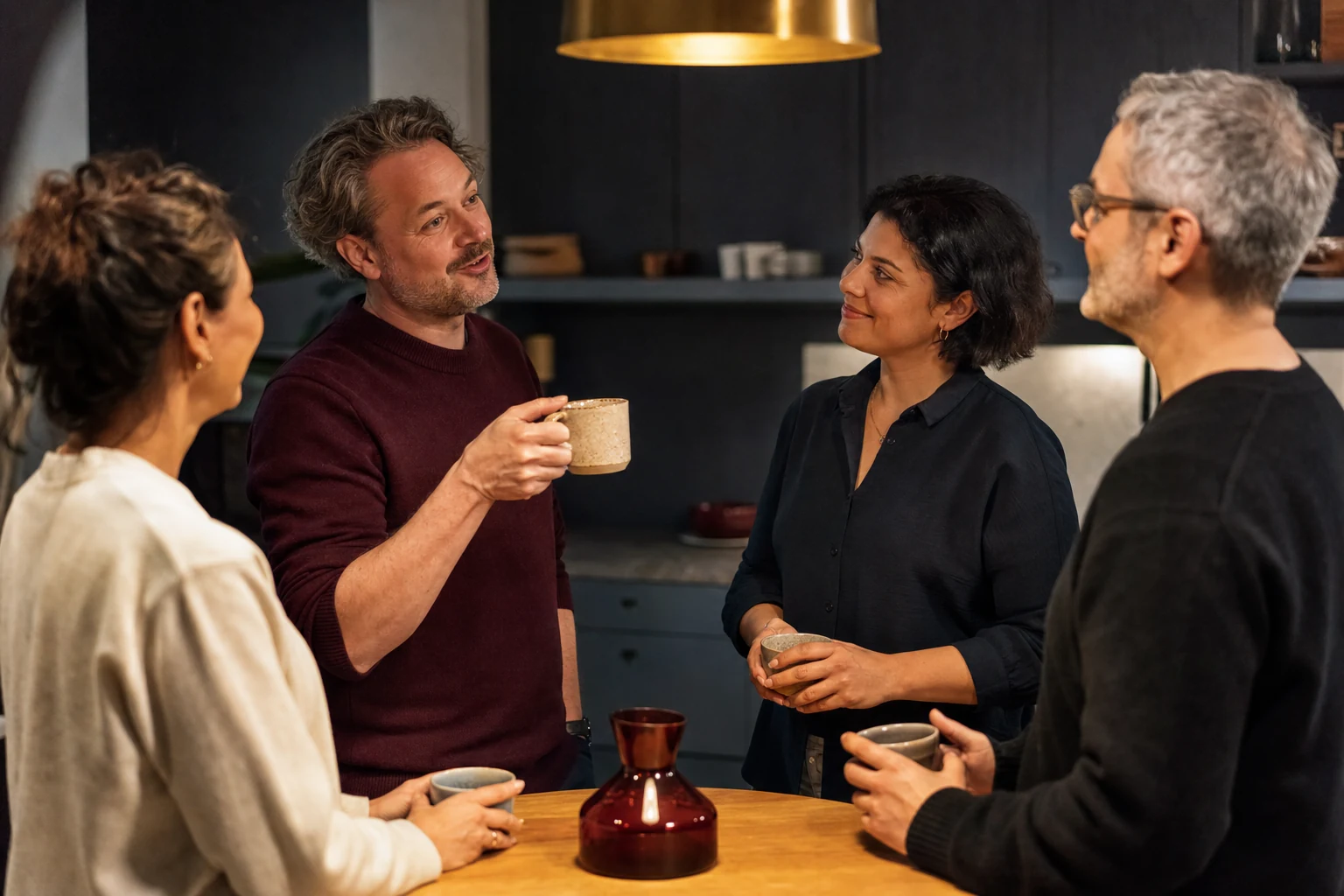 Small team and family toast during a restrained promotion celebration