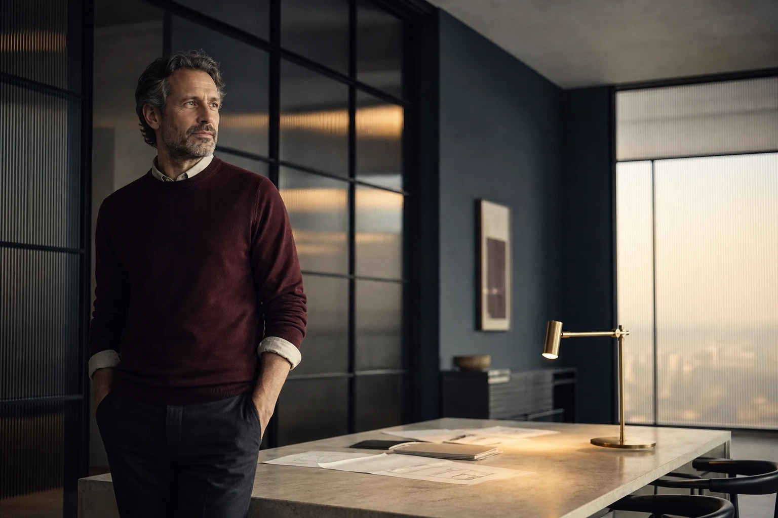 Modernist office portrait in burgundy, gray blue, brass, and warm white